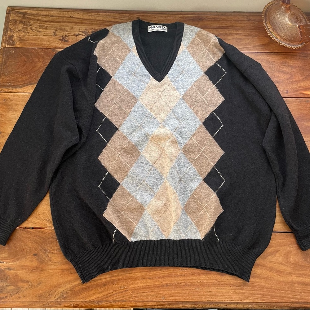 Vintage Antartex 100% Lambswool Men’s XL Wool Sweater Black Patterned